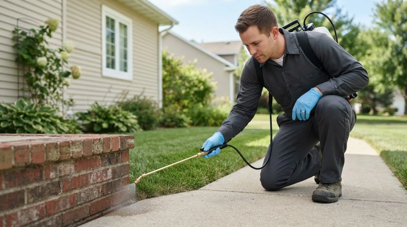 Pest control technician treating a home near Smithfield, RI